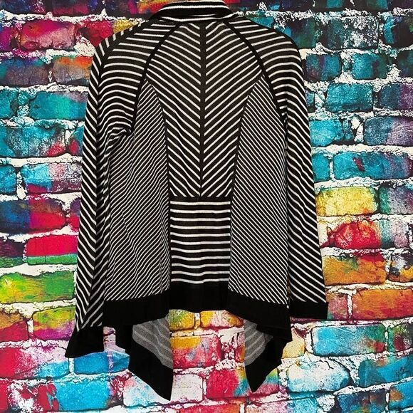 Foxcroft Striped Waterfall Cardigan Sweater Open Front Petite Small Black White - Picture 2 of 8